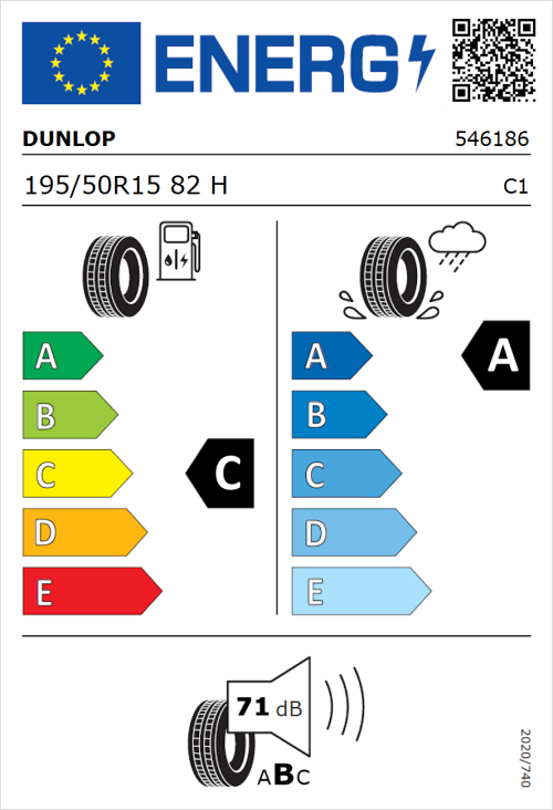 Tyre Label for Dunlop Sport BluResponse 195/50R15 82H
