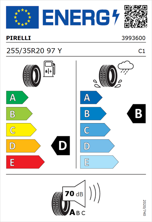 Tyre Label for Pirelli P Zero (PZ4) Sport Car 255/35R20 97Y