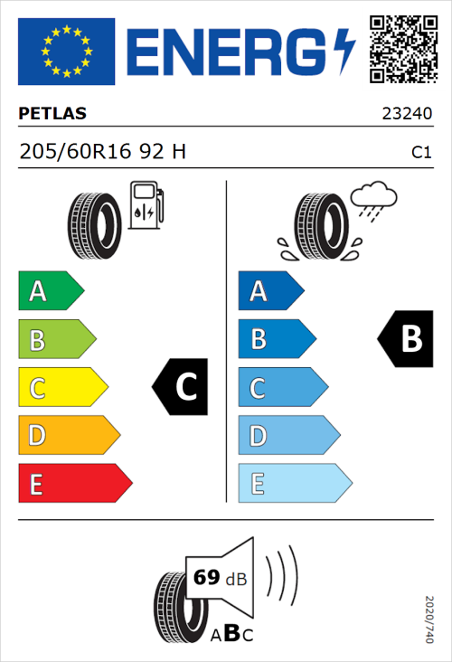 Tyre Label for Petlas Progreen PT525 205/60R16 92H