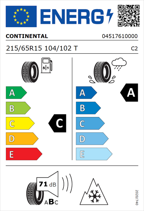 Tyre Label for Continental VanContact Ultra 215/65R15 104/102T