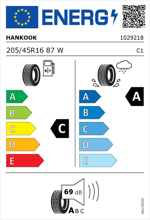 Tyre Label for Hankook Ventus Prime 4 (K135) 205/45R16 87W