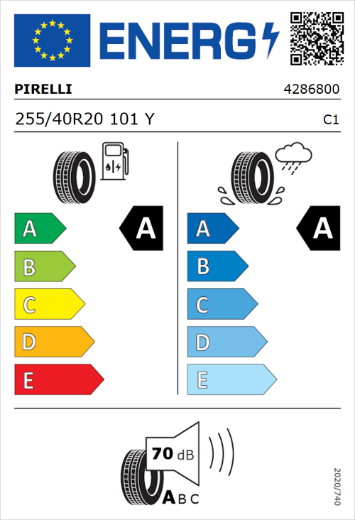 Tyre Label for Pirelli P ZERO E 255/40R20 101Y