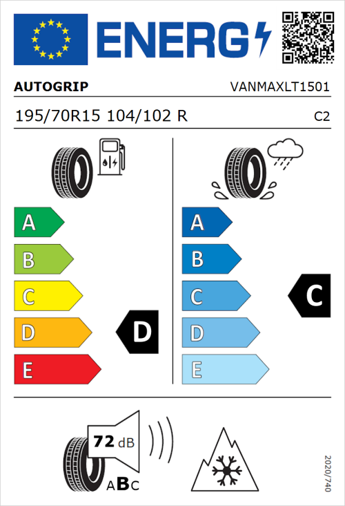 Tyre Label for Autogrip Vanmax 195/70R15 104/102R